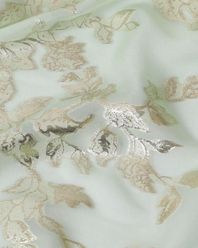 قماش الشيفون الحريري الخالص الفاخر باللون الأخضر النعناعي مع اللوريكس المعدني الذهبي بتصميم أوراق الشجر -D15447