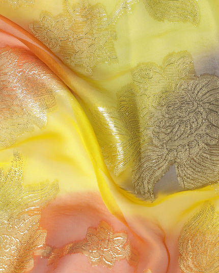 قماش شيفون حريري فرنسي (فرنساوي) فاخر متعدد الألوان مع لوركس معدني ذهبي بتصميم زهور-D14003