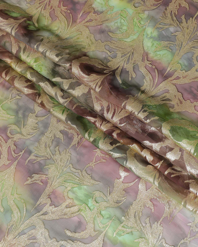 شيفون من الحرير الخالص متعدد الألوان مع لوريكس معدني ذهبي بتصميم أوراق الشجر -D11388