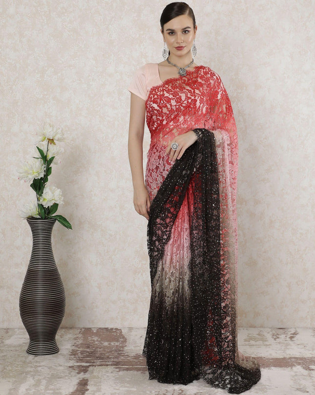 Multicolor Premium pure French chantilly lace saree having stone work in floral design-D14521