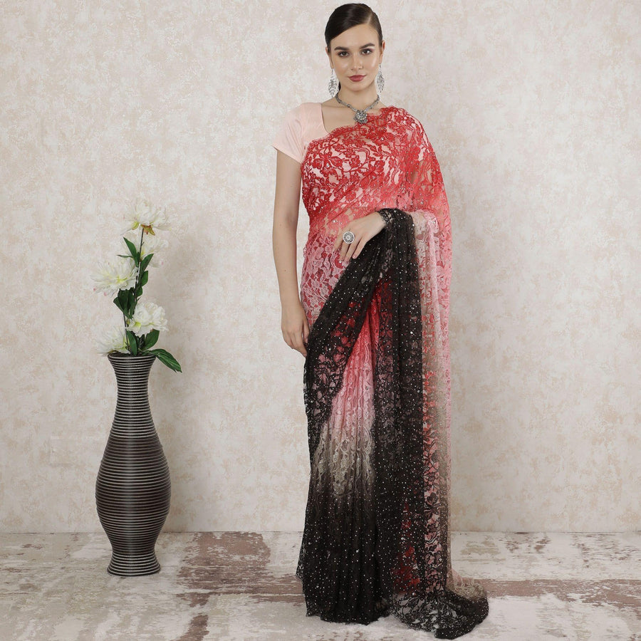 Multicolor Premium pure French chantilly lace saree having stone work in floral design-D14521