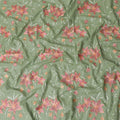 Sage green Premium pure cotton voile fabric with same tone, peach and mint green embroidery in floral design-D15246