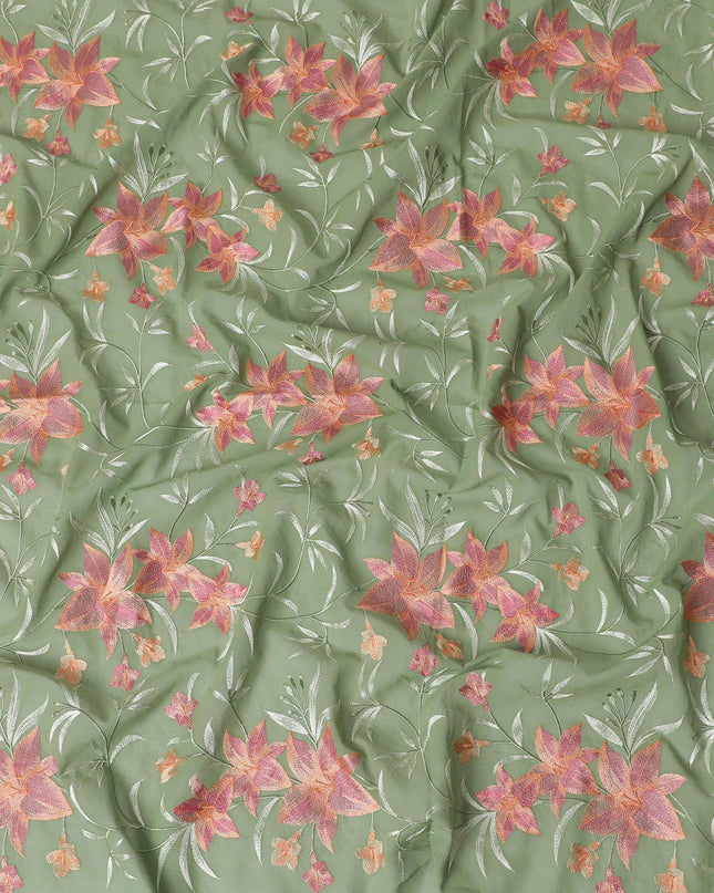 قماش الفوال القطني الخالص الفاخر باللون الأخضر الداكن بنفس اللون والتطريز باللون الأخضر الخوخي والنعناع بتصميم الأزهار-D15246