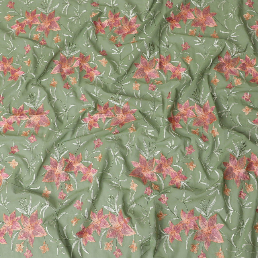 Sage green Premium pure cotton voile fabric with same tone, peach and mint green embroidery in floral design-D15246