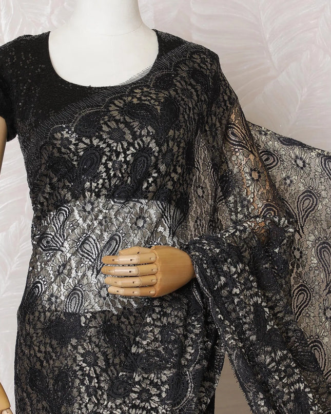 Dark navy blue, gold Premium pure French metallic chantilly lace saree in paisley design-D15546 Regal Fabrics