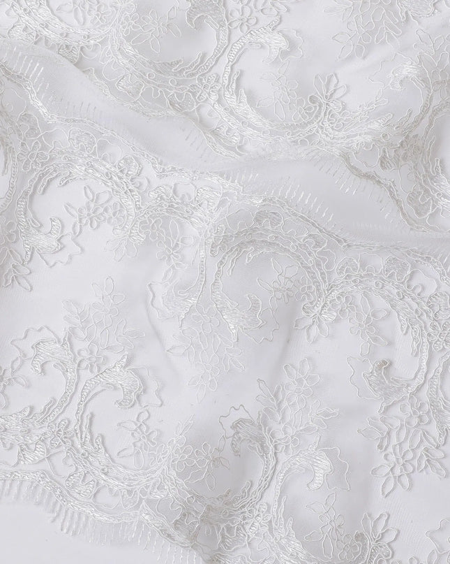 White nylon tulle fabric with same tone embroidery in floral design-D11711 Regal Fabrics