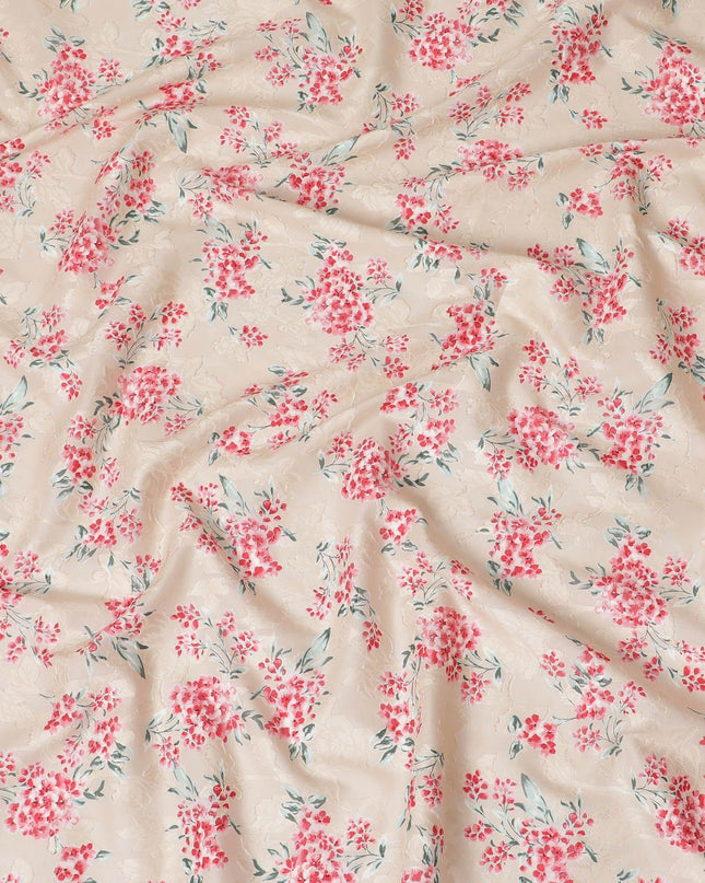 قماش الفوال القطني Latte Beige uragiri مع نفس لون الجاكار مع طباعة باللون الأحمر القرمزي والأخضر الزيتوني والأبيض الفاتح بتصميم الأزهار-D14316
