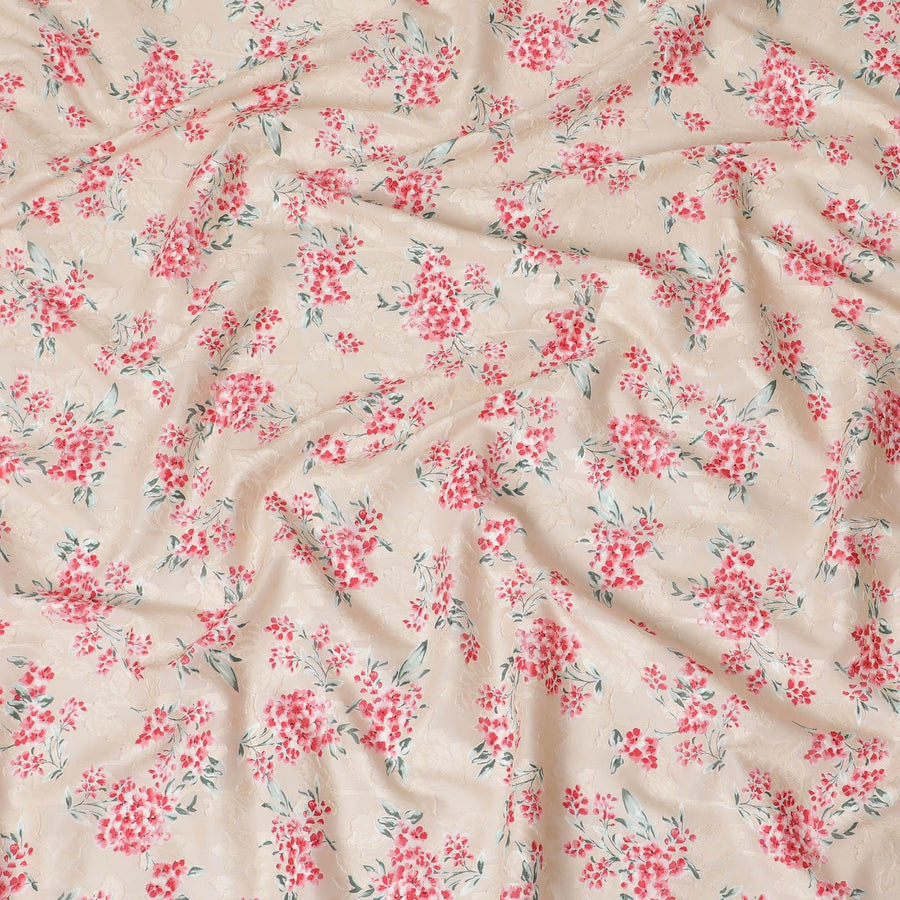 Latte Beige uragiri cotton voile fabric with same tone jacquard having scarlet red, olive green and off white print in floral design-D14316