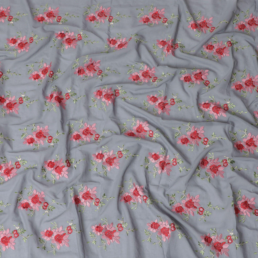 Coin grey Premium pure cotton voile fabric with peach, crimson red and beige embroidery in floral design-D15240