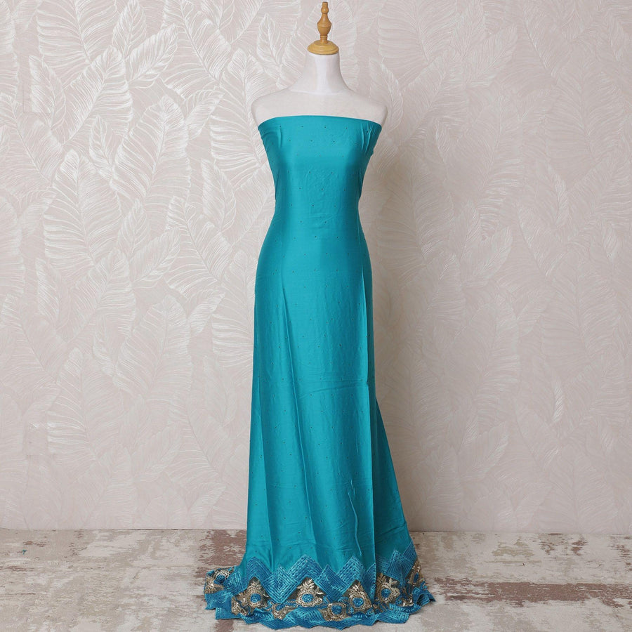 Turquoise blue blended cotton lawn fabric with same tone, gold embroidery having stone work in fancy design-D14722
