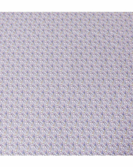White cotton satin fabric with blue, baby pink and mustard yellow print in floral design-D11918 Regal Fabrics