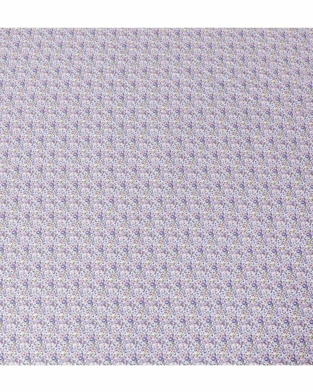 White cotton satin fabric with blue, baby pink and mustard yellow print in floral design-D11918 Regal Fabrics