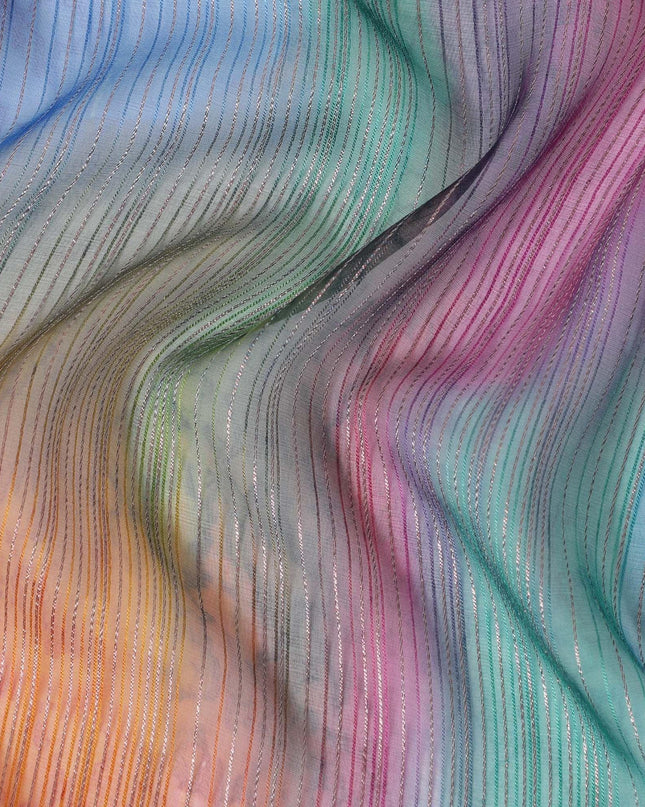 قماش شيفون من الحرير الخالص متعدد الألوان مع لوريكس معدني ذهبي بتصميم مخطط -D12616