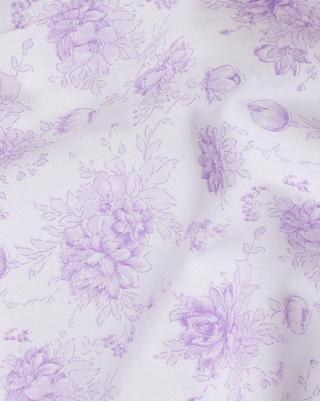 White cotton voile fabric with purple print in floral design-D15051