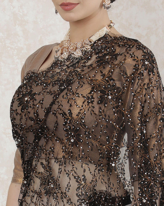 Black, Copper Premium pure French outline lurex chantilly lace saree having stone work in floral design-D14484