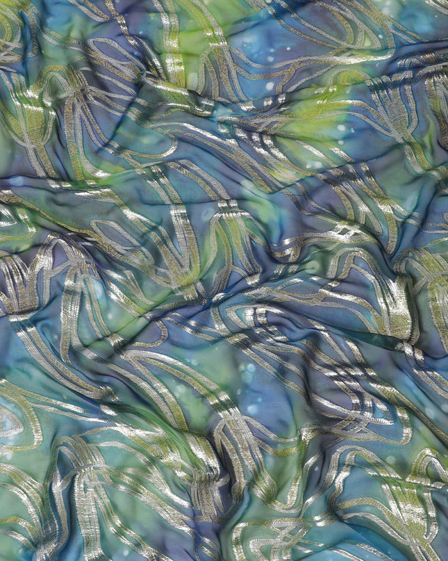 قماش شيفون من الحرير الخالص متعدد الألوان مع لوريكس معدني ذهبي بتصميم تجريدي-D14108