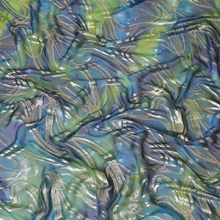 قماش شيفون من الحرير الخالص متعدد الألوان مع لوريكس معدني ذهبي بتصميم تجريدي-D14108