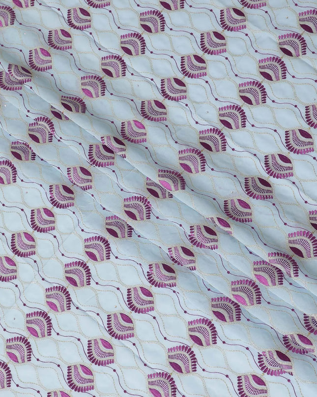 Powder blue Premium pure 100% Swiss cotton voile (Sudanese Thobe) fabric with purple, gold embroidery having stone work in floral design-D13565 Regal Fabrics