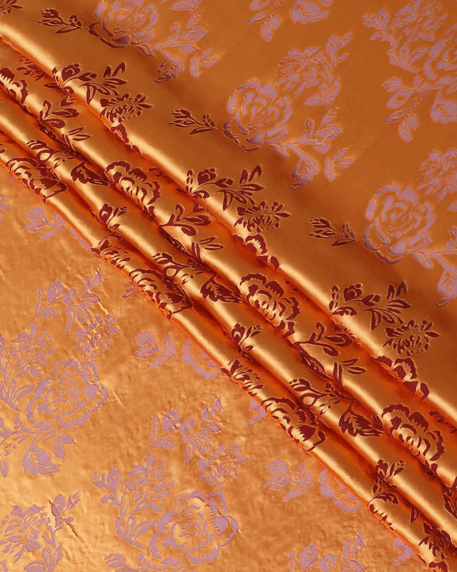 قماش شيفون حريري نقي فاخر باللون البرتقالي الخردل بتصميم زهور-D13107