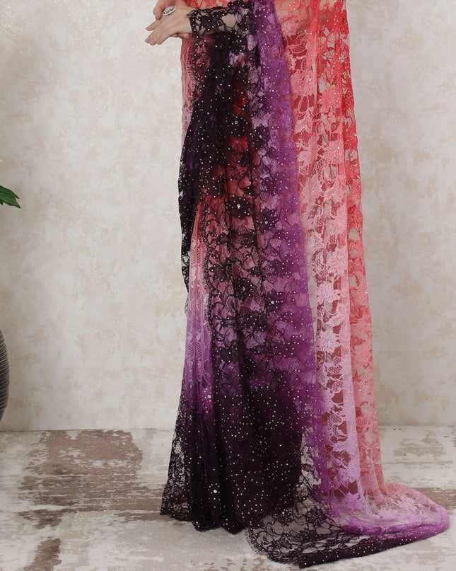 Multicolor Premium pure French chantilly lace saree having stone work in floral design-D14520 Regal Fabrics