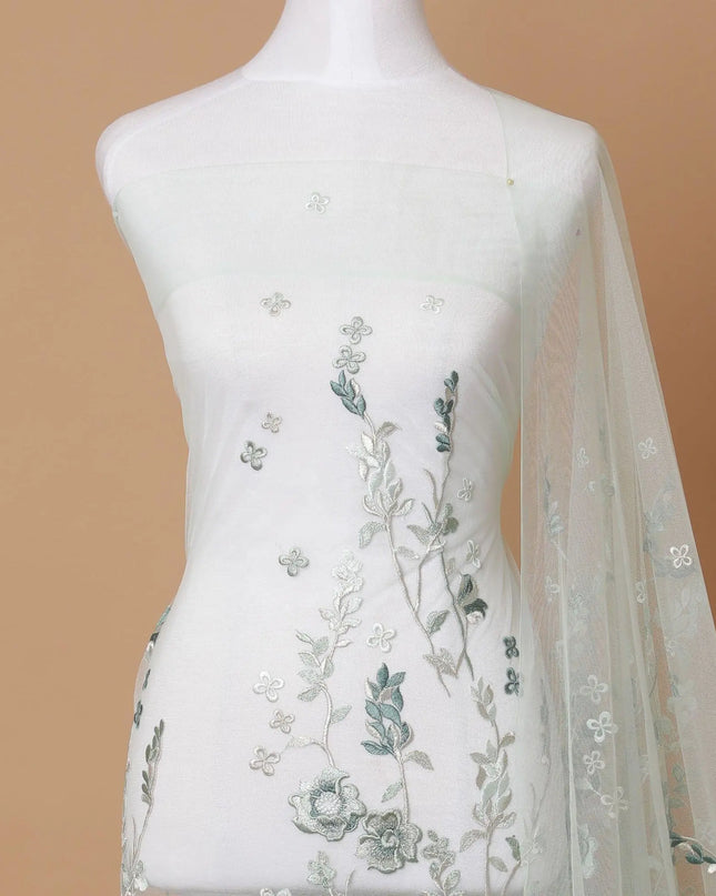 Tea green Premium wedding nylon tulle fabric with same tone, sage green, beige embroidery in floral design-D7918 Regal Fabrics