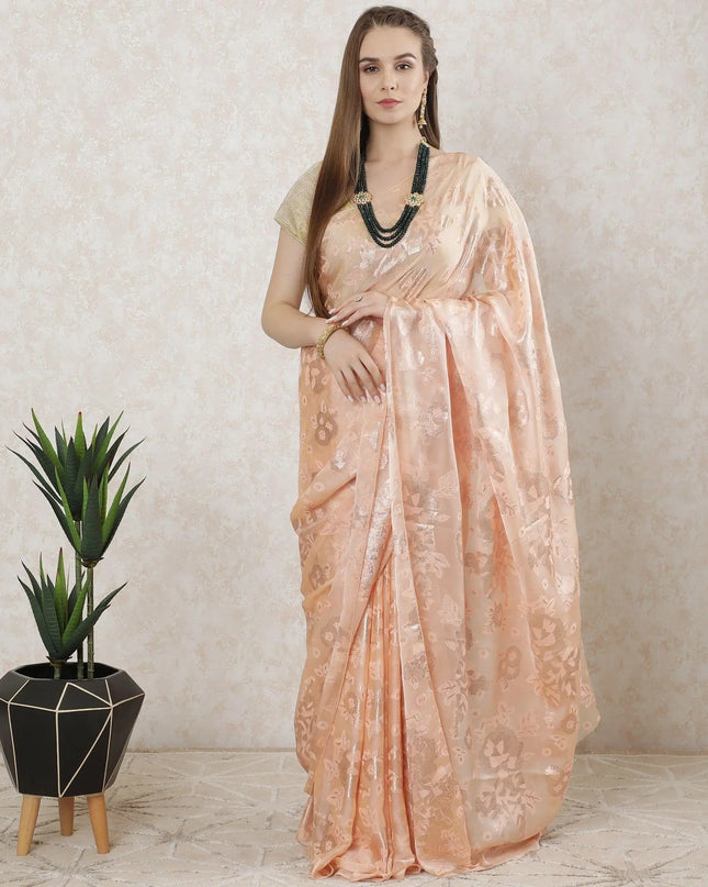 Salmon peach Premium French silk chiffon saree with same tone viscose and gold metallic lurex in floral design-D10202 Regal Fabrics