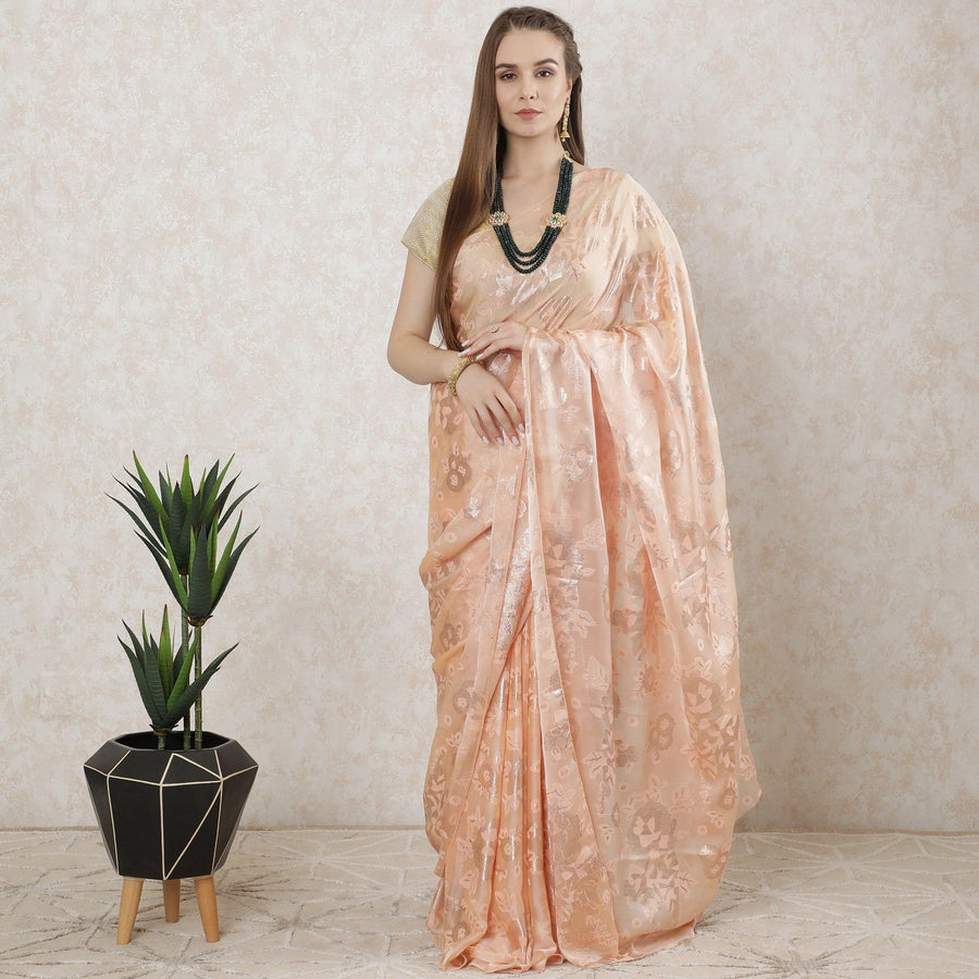 Salmon peach Premium French silk chiffon saree with same tone viscose and gold metallic lurex in floral design-D10202