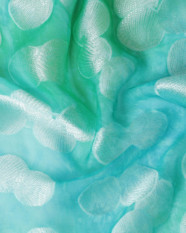 قماش شيفون حرير نقي فاخر باللون الأخضر الفيروزي مع طباعة متعددة الألوان بها فيسكوز فضي بتصميم منقط-D13118