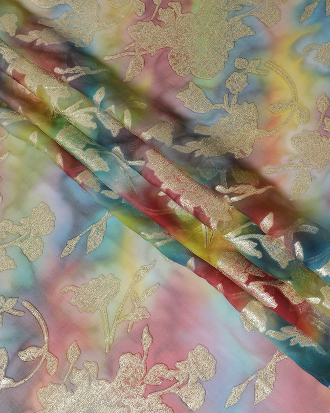 شيفون من الحرير الخالص متعدد الألوان مع لوريكس معدني ذهبي بتصميم الأزهار-D11382