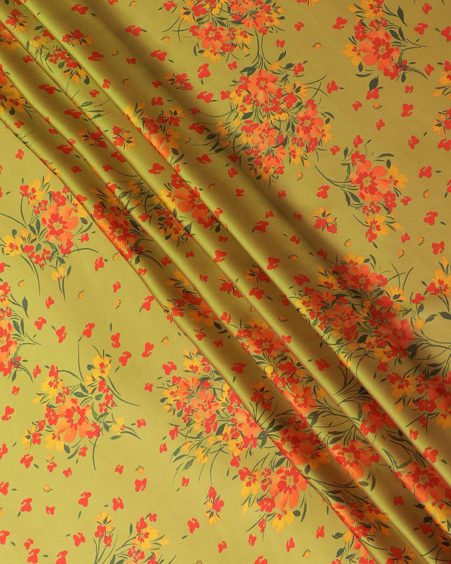 قماش شيفون حريري خالص فاخر من Mehindi Green مع طباعة متعددة الألوان بتصميم الأزهار-D14669