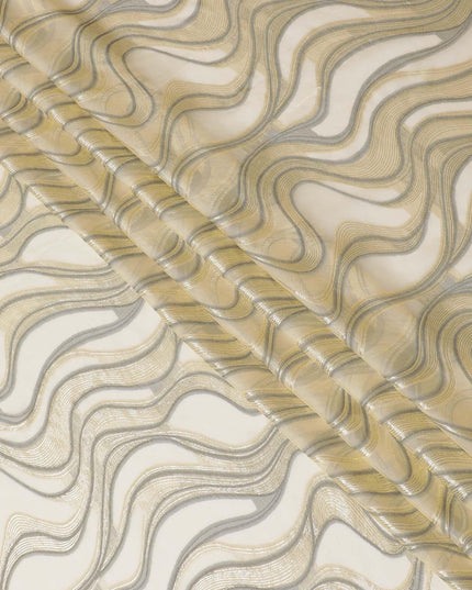 Light gold Premium pure French (Fransawi) silk chiffon fabric with black viscose and gold metallic lurex in fancy design-D14308