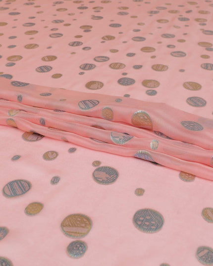 قماش شيفون من الحرير الخالص الفاخر باللون الوردي مع لوريكس معدني باللونين الأزرق والذهبي بتصميم هندسي -D9117