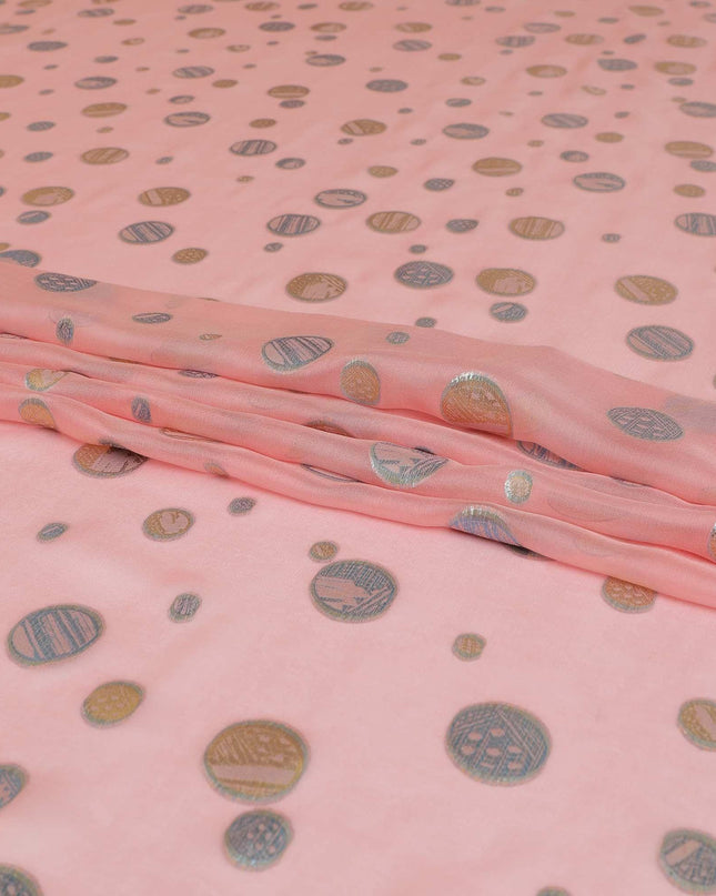 قماش شيفون من الحرير الخالص الفاخر باللون الوردي مع لوريكس معدني باللونين الأزرق والذهبي بتصميم هندسي -D9117