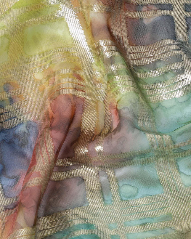 قماش شيفون من الحرير الخالص متعدد الألوان مع لوريكس معدني ذهبي بتصميم مربعات -D11413