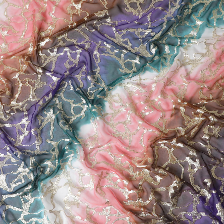 شيفون من الحرير الخالص متعدد الألوان مع لوريكس معدني ذهبي بتصميم تجريدي -D11367