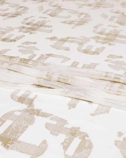 قماش شيفون من الحرير الخالص باللون الأبيض الفاتح مع لوركس معدني ذهبي بتصميم فاخر -D7464