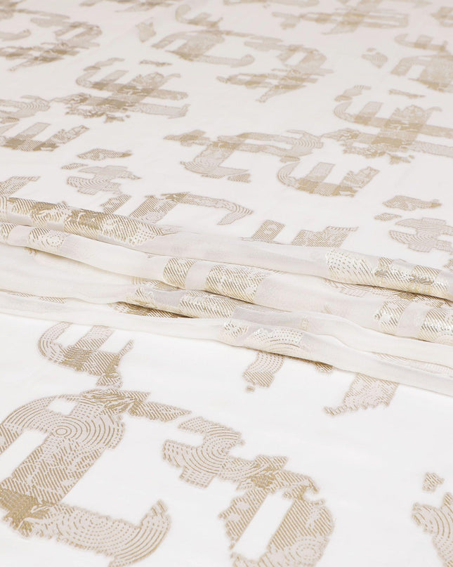 قماش شيفون من الحرير الخالص باللون الأبيض الفاتح مع لوركس معدني ذهبي بتصميم فاخر -D7464