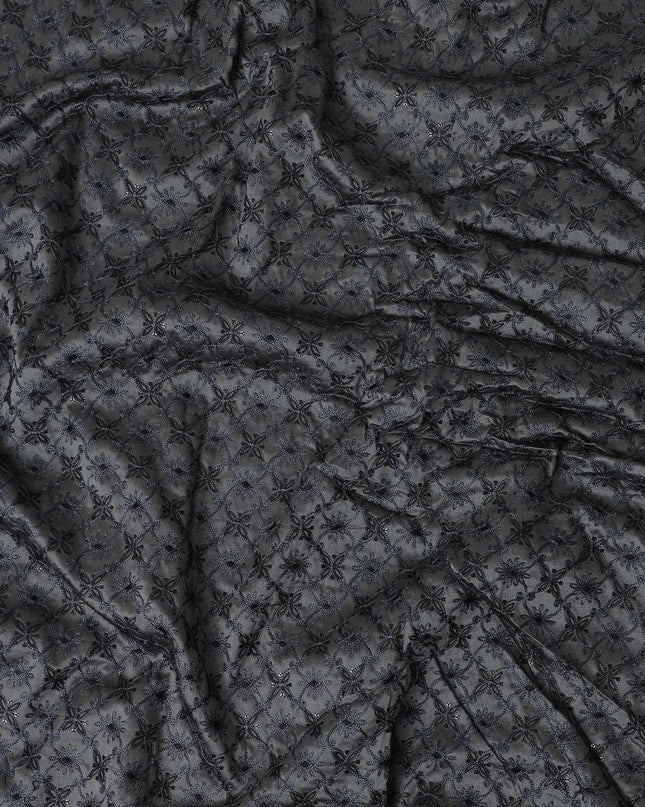 Iron grey premium silk brocade fabric with navy blue embroidery having sequin work in fancy design-D12456