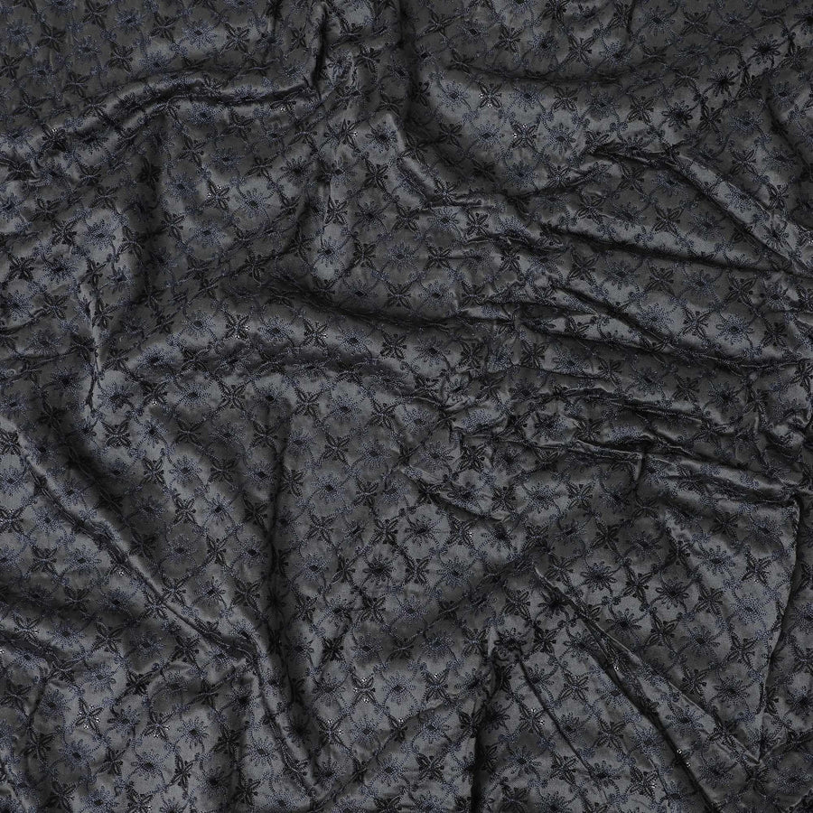 Iron grey premium silk brocade fabric with navy blue embroidery having sequin work in fancy design-D12456