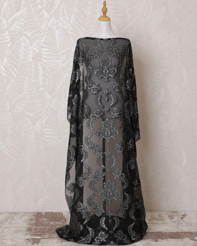 Black Premium pure French (Fransawi) silk chiffon dirac fabric with cloud grey viscose having silver metallic lurex and stone work in floral design-D15128