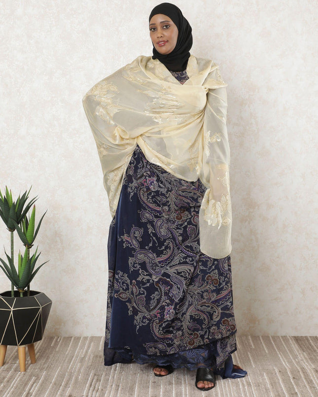 Light gold premium pure (Fransawi) French silk chiffon fabric with gold metallic lurex in floral design-D11535