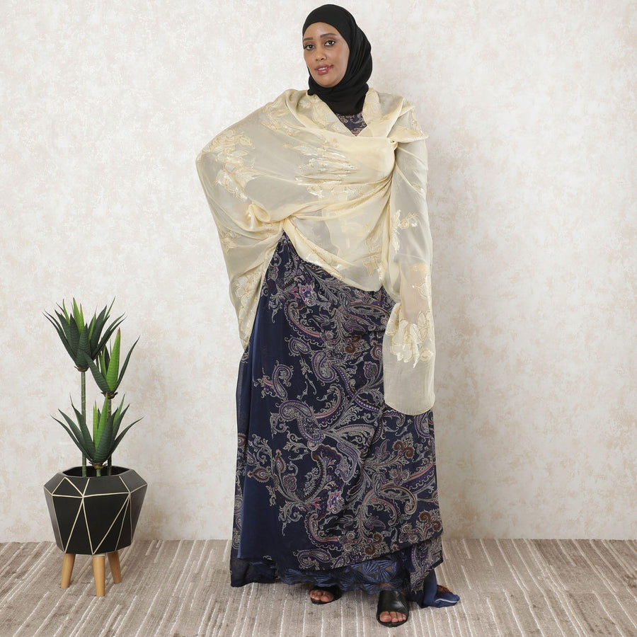 Light gold premium pure (Fransawi) French silk chiffon fabric with gold metallic lurex in floral design-D11535