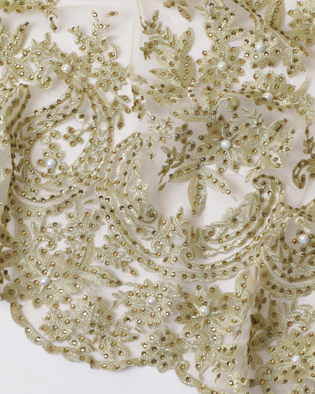 Gold nylon tulle fabric with same tone embroidery having beads and stone work in paisley design-D11682 Regal Fabrics