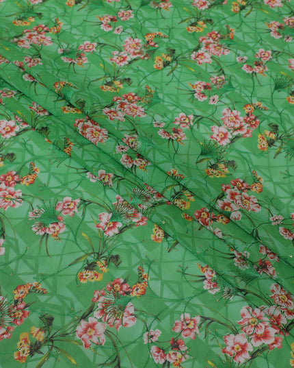 Kelly green Premium pure cotton voile fabric with multicolor print having embroidery and sequins in floral design-D13245
