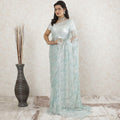 Light blue Premium Pure metallic French chantilly saree lace having stone work in floral design-D13465