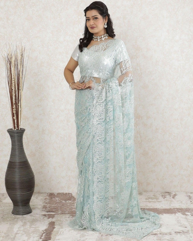 Light blue Premium Pure metallic French chantilly saree lace having stone work in floral design-D13465