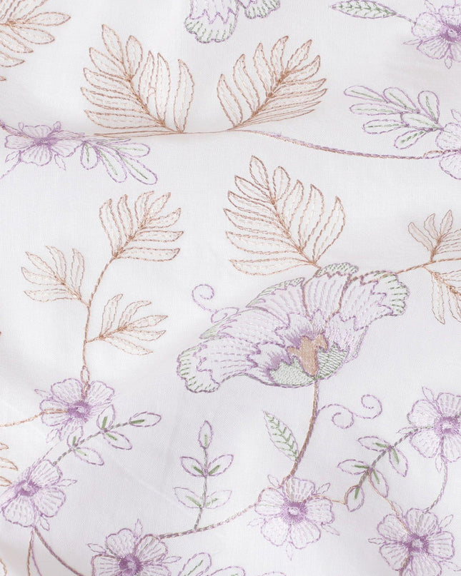 قماش فوال من القطن الخالص الأبيض الفاخر مع تطريز باللون البني والخزامى بتصميم الأزهار-D15231