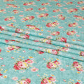 Baby blue uragiri cotton voile fabric with same tone jacquard having olive green, cerise pink, off white and sun flower yellow print in floral design-D7349