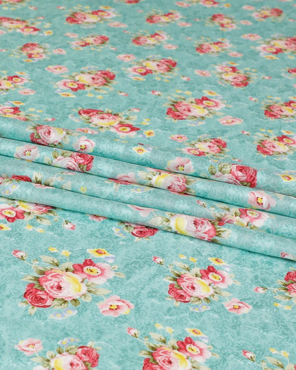 Baby blue uragiri cotton voile fabric with same tone jacquard having olive green, cerise pink, off white and sun flower yellow print in floral design-D7349