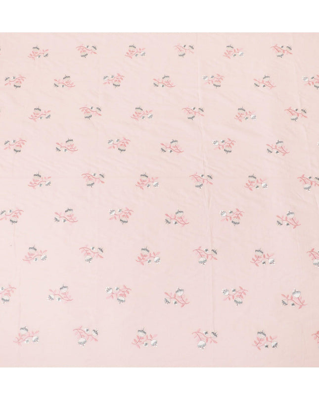 قماش فوال قطني من سمك السلمون والخوخ مع تطريز باللون الوردي والرمادي والبيج بتصميم الأزهار-D12381